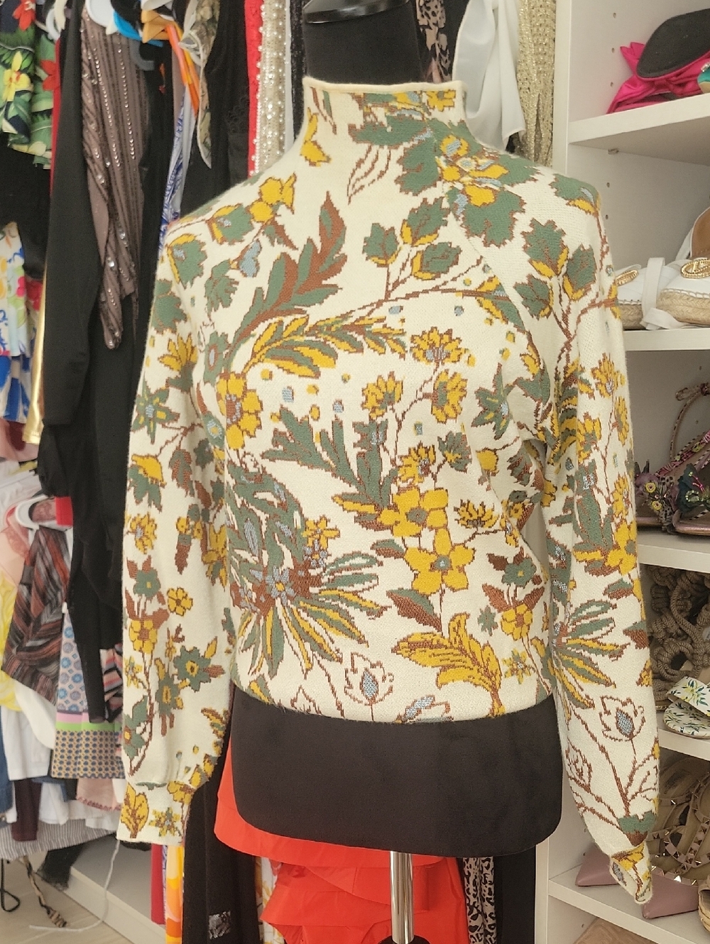 Anthropologie Beatriz Mock Neck Sweater Puff Sleeve Retro Floral Leaf XS Cottage